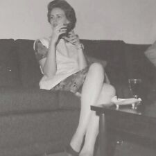 Vintage Snapshot Photo Pretty Leggy Woman Smoking Drinking Cocktail 1960s picture