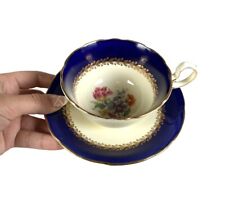 Vintage AYNSLEY Tea Cup & Saucer Cobalt Blue & Gold Gilt Flower Rose England picture