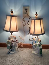 2 Vintage Porcelain Colonial Couple Boudoir Table Lamps Working picture