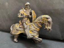 ANCIENT RARE OLD METAL MEDIEVAL MOUNTED KNIGHT IN ARMOUR ON HOURSE FIGURE STATUE picture
