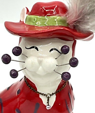2004 Amy Lacombe Whimsiclay Red Hat Lady Ceramic Cat Figurine Wear Purple  picture