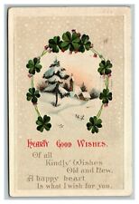 Vintage 1916 International Art Best Wishes Postcard 4 Leaf Clovers Snowy Church picture