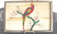 VTG ART DECO REVERSE PAINTED on GLASS PARROT METAL TRAY w/HANDLES picture