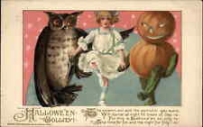 Halloween Winsch Schmucker Little Girl Giant JOL Man & Owl 1913 Postcard picture