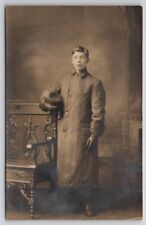 RPPC Sweet Young Man Pin Stripe Trench Coat Driving Gloves Studio Postcard G28 picture