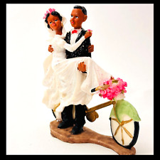 African American Wedding Bride & Groom Riding a Bicycle Figurine Cake Topper picture