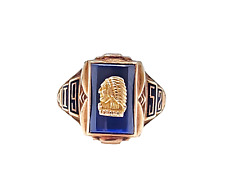 10K Yellow Gold 1952 Lebanon Indian Head Class Ring w/ Blue Glass, US 8.75 6.4 G picture