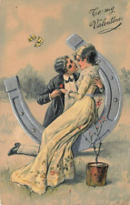 c1910 Romance Couple Silver Horseshoe Butterfly Germany Valentines Day P385 picture