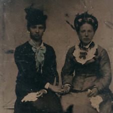 Hanky Girls Holding Hands Tintype c1870 Antique 1/6 Plate Photo Women Art A1937 picture