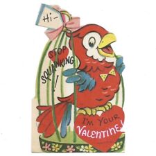 Vintage Squawking Parrot Valentine Greeting Card Cage Heart Retro Colorful 1920s picture