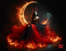 Fiery Demon Woman Burning Crescent Moon Art Print Beautiful Postcard 5.5x4.25