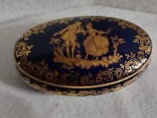 Vintage Limoges France Oval Trinket Box Gold and Blue picture