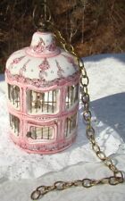 1940s French Faience Pink Pottery Hanging Cage - Hinged Door w/ Bird -- NICE picture