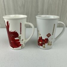 2 Starbucks 12oz. Tall Coffee Mug Cup 2014 Christmas Red Starburst Flower Gold picture