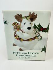 Fitz & Floyd Plaid Christmas Covered Candy Jar Deer Reindeer Canister 5.4
