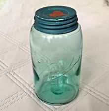Vintage Antique Ball Quart Canning Jar Triple L Aqua Glass Zinc Milk Glass Lid picture