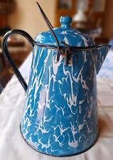 Vintage Blue & White Swirl Graniteware Coffee Pot  Enamelware with Bail Handle picture