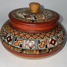 Vintage Art Clay Pottery Cusco Peru Handmade Hand painted Trinket Bowl with Lid picture