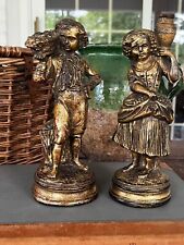 Vintage Pair of Borghese Gold Painted Boy and Girl Plaster Figurines Italy 9