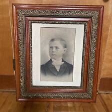 Antique Charcoal Drawing Of A Boy, Under Glass with an Ornate frame 32” x 27” picture