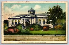 Vintage Postcard MI Howell Carnegie Public Library White Border Street View~7761 picture