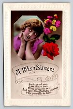 c1933 RPPC Young Lady Portrait Poem Flowers Hand Color Tinted Birthday Postcard picture