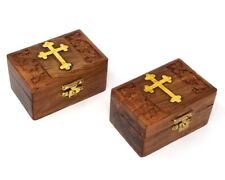 Jewelry Keepsake Wooden Box w Cross Holy Gift Cross Inlay Box - Set of 2 picture