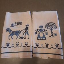 Lot Of Two Vintage Style Linen Blend People Country Tea Towels picture