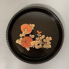 Serving Tray Japanese Black Lacquerware Orange Floral Design 12” Round Metal MCM picture