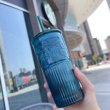 2023 NEW Starbucks Aurora Blue-green Goddess Tumbler Glass Straw Cups 550ml Gift picture