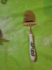 Vintage Gold Plated Stainless Steel Cheese Slicer Porcelain Handle Holly Theme picture