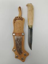 Vintage Yllas Finnish Puukko Nordic Wood Handle Sami Knife & Reindeer Fur Sheath picture