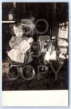Postcard Victorian Child Holding Antique China Doll Unique Toys Cats In Stroller picture