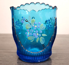 EAPG Vintage Blue Ribbed Glass Spooner Hand-Painted Enamel Flowers 4.25