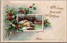 c1909 CHRISTMAS Embossed Postcard Winter Lake Cottage Scene / Clapsaddle Wolf picture