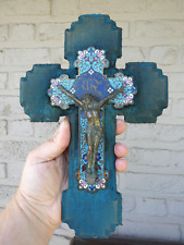 Antique 19thc cloisonne enamel Crucifix on velvet plaque religious picture