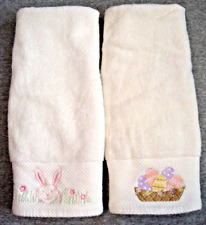 2 Vintage EASTER BUNNY Hand Towels Embroidered White 100%Cotton Casaba 26
