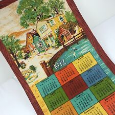 Vtg 1972 Hanging Cloth Calendar ~ Dish Tea Towel Linen Small Village Town Pond picture