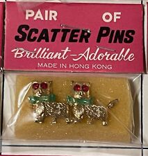 Pair Vintage Pin-Back Cats Scatter Pins Gold Tone Novelty Hong Kong Unopened picture