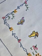 Vintage Cross Stitch Embroidered Linen Tablecloth Square Butterflies picture