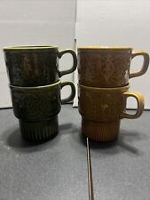 Vintage stackable coffee mugs Japan Green Tan retro 1970’s set Of 4 Floral picture