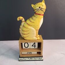 Wooden Cat Perpetual Daily Calendar with Blocks Folk Art Orange Tabby Cat picture