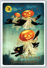 Postcard NEW Continental A Thrilling Halloween Black Cats Pumpkin Ghosts A22 picture