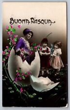 RPPC Easter Holiday Buona Pasqua Lady In Hatched Egg Two Children Photo Postcard picture