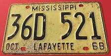 Vintage 1968 Mississippi License Plate 36D 521 Lafayette County Oxford Abbeville picture