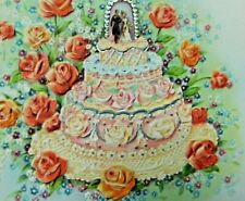 Vintage 1940's Wedding Card with Beautiful Wedding Cake , Pink Roses C115 picture