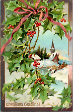 Vintage C. 1917 Christmas Greeting Church Seen Through Holly Berries Postcard picture