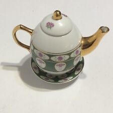 Classic Treasures Imperial Porcelain Mini Teapot,  & Saucer Set Green & Gold picture