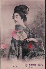 Beautiful Japanese Lady in Summer Suit with Fan Vintage Postcard picture