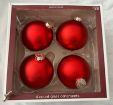VINTAGE  4 COUNT ROUND RED BALL GLASS ORNAMENTS IN BOX 4
